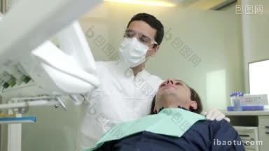 画像快乐的西班牙人工作的牙医在牙科工作室的人和口腔卫生